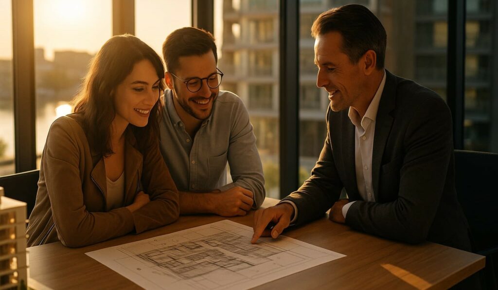 Jeune couple rencontrant un promoteur immobilier à Bordeaux