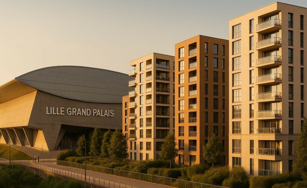 Lille Grand Palais et immeubles résidentiels modernes au coucher du soleil