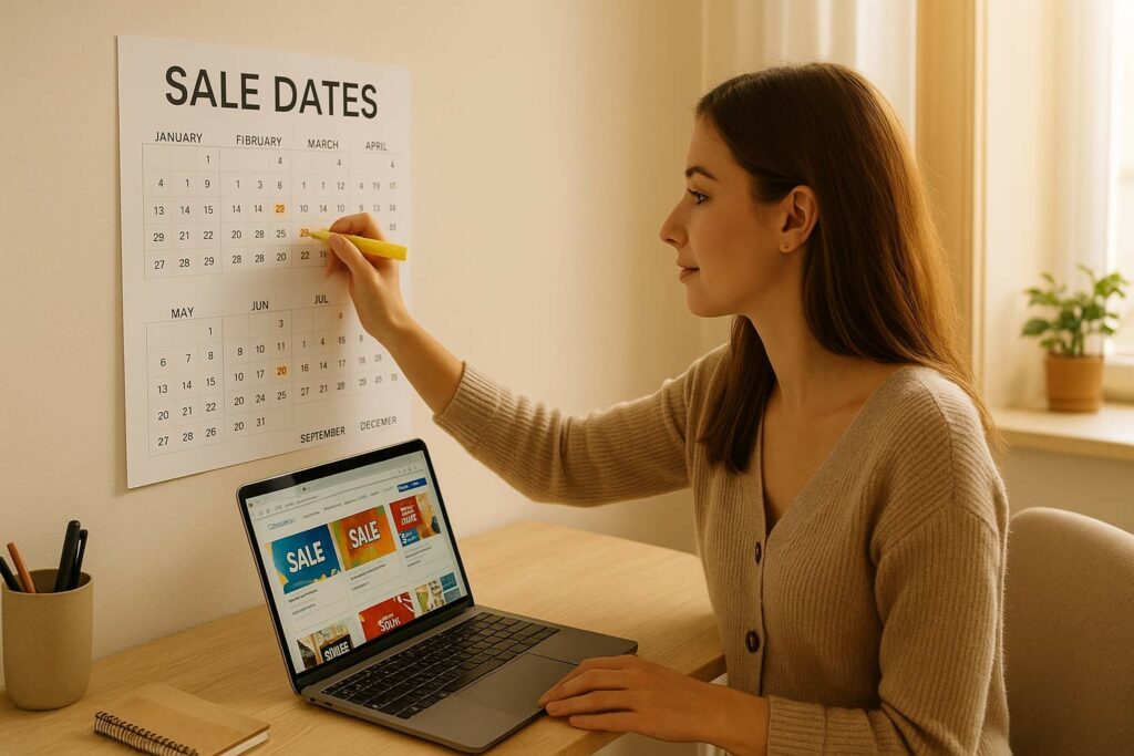 Femme planifiant les dates des bonnes affaires en France sur son calendrier mural