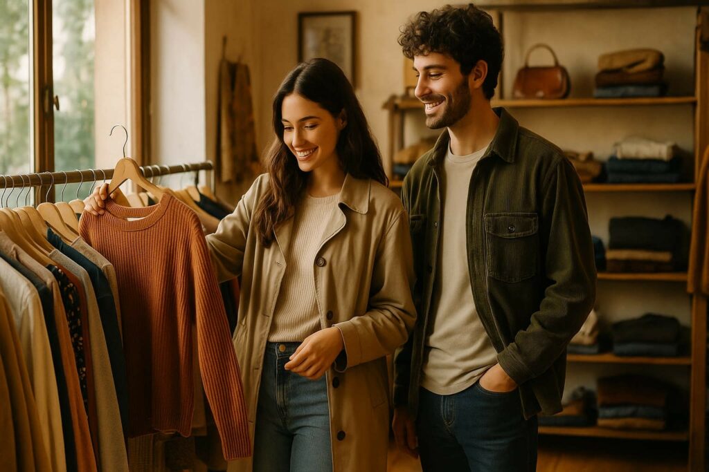 Jeune couple faisant du shopping dans une boutique vintage de seconde main