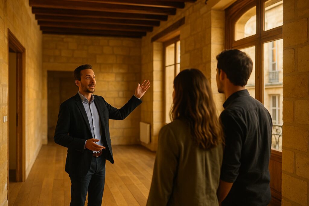 Chasseur immobilier bordelais faisant visiter un bien à un jeune couple.