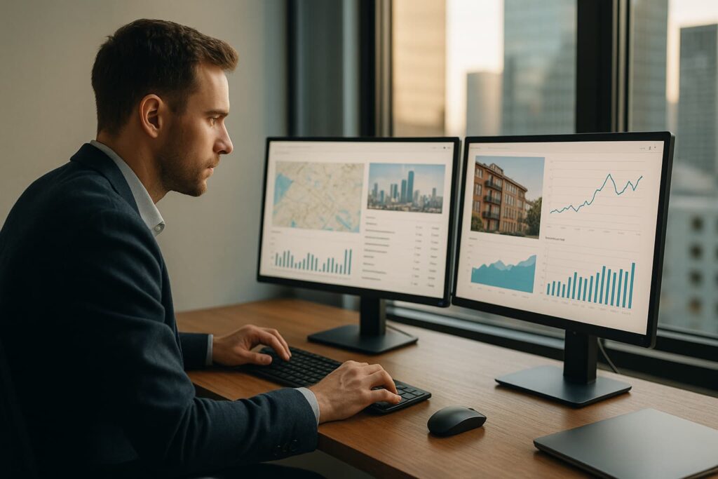 Chasseur immobilier utilisant la data et la technologie pour analyser le marché en France