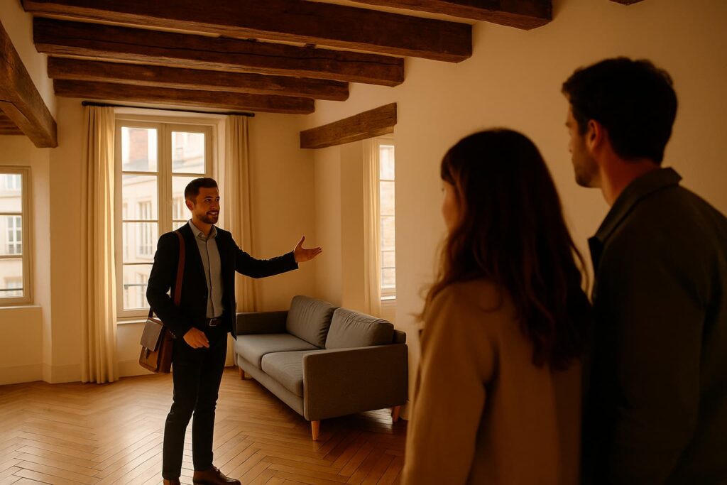 Chasseur immobilier lyonnais faisant visiter un appartement à un jeune couple