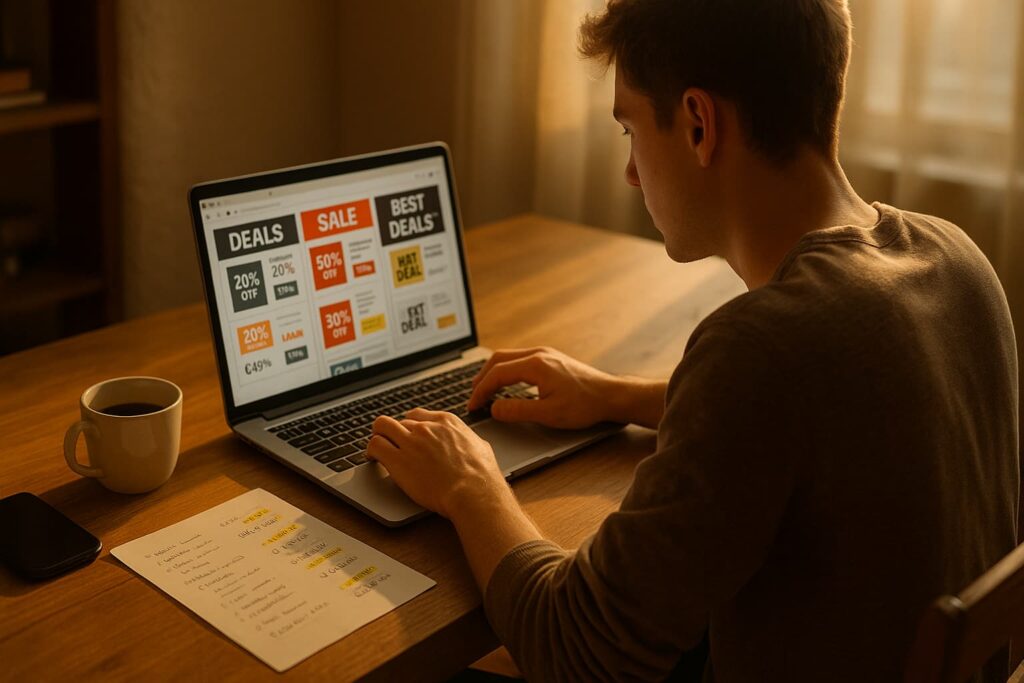 Jeune acheteur consultant des sites de bons plans en ligne pour trouver les meilleures offres en 2026