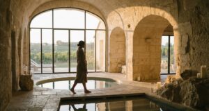 Silhouette marchant dans un spa troglodyte en pierre calcaire à Saint-Émilion