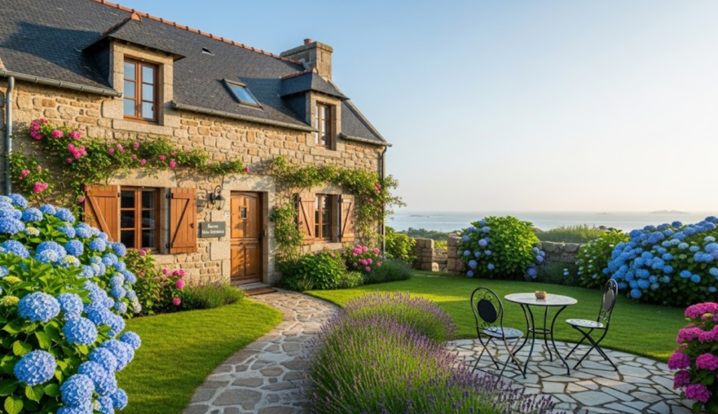 Maison d'hôtes traditionnelle en pierre de granit en Bretagne avec toit en ardoise, jardin fleuri d'hortensias colorés et vue panoramique sur l'océan