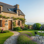 Maison d'hôtes traditionnelle en pierre de granit en Bretagne avec toit en ardoise, jardin fleuri d'hortensias colorés et vue panoramique sur l'océan