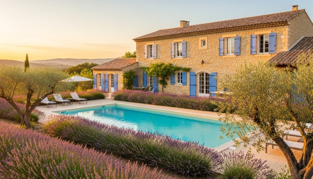 Bastide en pierre traditionnelle en Provence avec piscine, champs de lavande et oliviers au coucher du soleil, illustrant une maison d'hôtes en région PACA