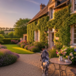 Façade d'une chambre d'hôtes de charme en pierre ancienne couverte de lierre en Île-de-France, bordée d'un jardin fleuri et d'une terrasse baignée par la lumière dorée du soir