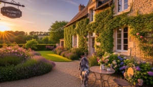 Façade d'une chambre d'hôtes de charme en pierre ancienne couverte de lierre en Île-de-France, bordée d'un jardin fleuri et d'une terrasse baignée par la lumière dorée du soir