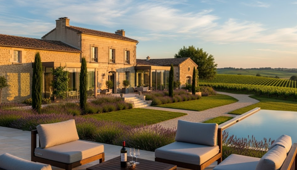 Chartreuse de luxe avec piscine au cœur des vignes bordelaises au coucher du soleil