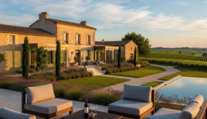 Chartreuse de luxe avec piscine au cœur des vignes bordelaises au coucher du soleil