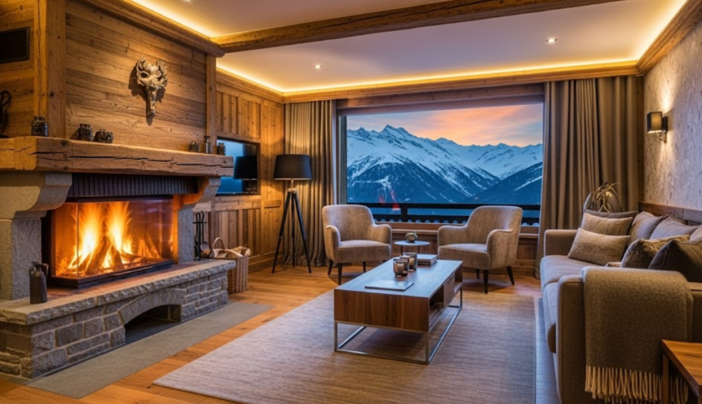 Salon chaleureux d'une chambre d'hôtes de luxe dans les Alpes, alliant bois rustique et design moderne, avec cheminée et vue panoramique sur les sommets enneigés au crépuscule
