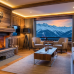Salon chaleureux d'une chambre d'hôtes de luxe dans les Alpes, alliant bois rustique et design moderne, avec cheminée et vue panoramique sur les sommets enneigés au crépuscule