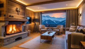 Salon chaleureux d'une chambre d'hôtes de luxe dans les Alpes, alliant bois rustique et design moderne, avec cheminée et vue panoramique sur les sommets enneigés au crépuscule