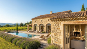 Magnifique mas en pierre en Provence, doté d'une piscine bordée de lavande et d'une terrasse ensoleillée donnant sur des vignobles, illustrant une chambre d'hôtes de charme.