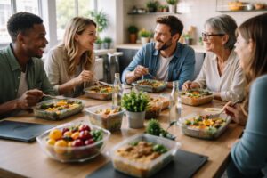 Déjeuner d’équipe en entreprise autour de repas faits maison livrés