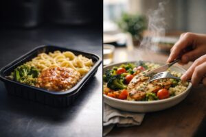 Comparaison entre repas faits maison livrés et plats industriels transformés