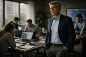 Manager adoptant une posture calme pour rassurer son équipe sous pression