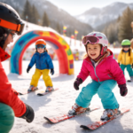 Enfants apprenant le ski dans une station de ski familiale avec zones ludiques sécurisées