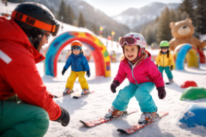 Enfants apprenant le ski dans une station de ski familiale avec zones ludiques sécurisées