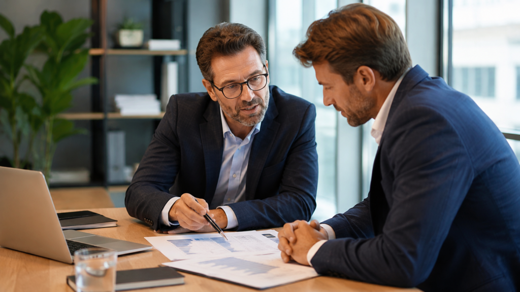 Courtier en assurance accompagnant un dirigeant dans le choix de garanties adaptées à son entreprise.