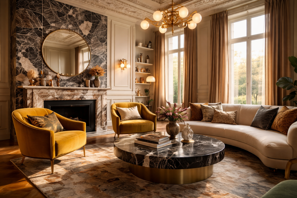 Intérieur décoralisme audacieux à Lyon mêlant marbre et velours