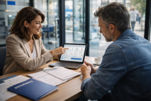 Comparaison entre banque-assureur et assureur traditionnel en France en 2026 lors d’un rendez-vous client en agence