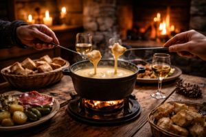 Fondue savoyarde authentique servie dans un chalet d’alpage en station de ski