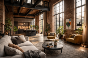 Loft industriel rénové par architecte à Lille avec brique rouge et acier noir