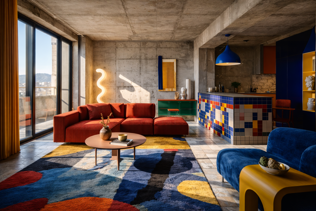 Intérieur néo-sudisme audacieux à Marseille en 2026 mêlant brutalisme et artisanat