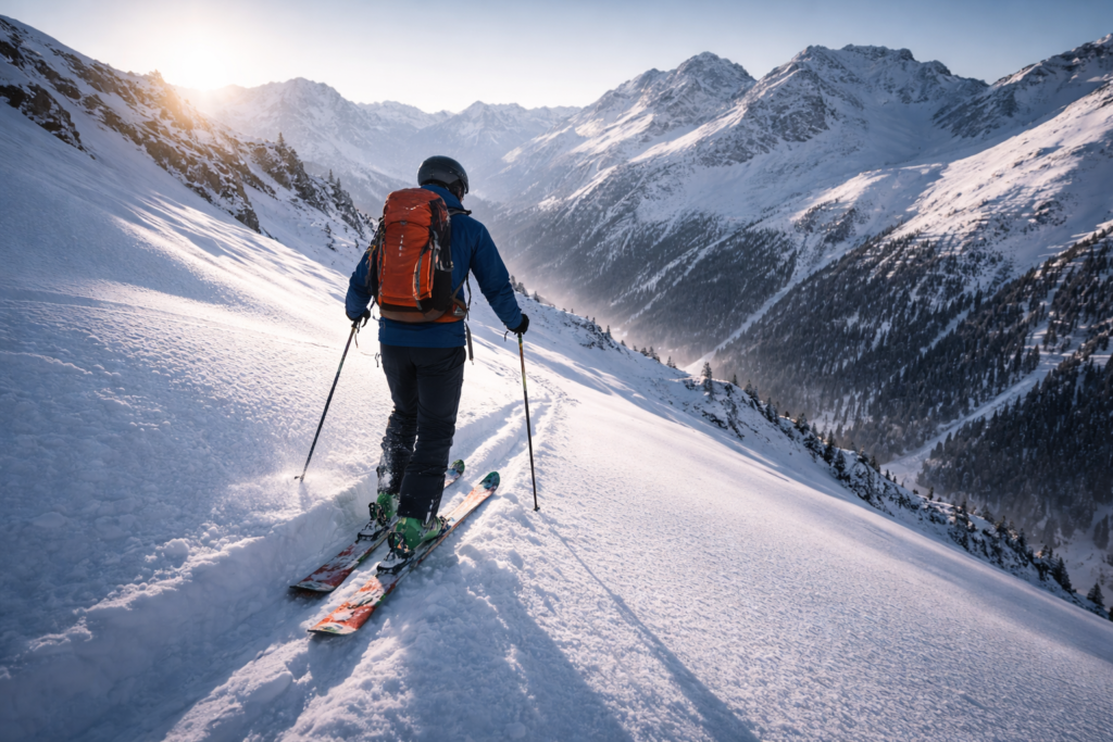 Skieur de randonnée progressant en montagne dans une station nature en France