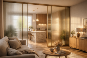 Verrière cannelée style Broken Plan 2026 laissant passer la lumière naturelle