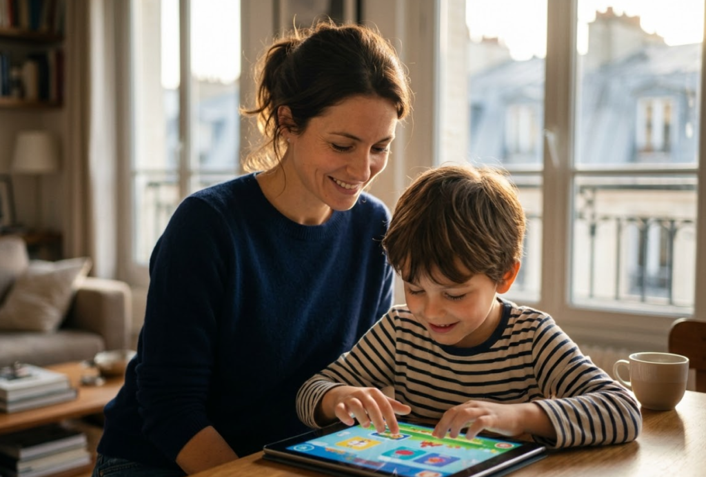 Une mère sourit en voyant son enfant absorbé par une application de soutien scolaire ludique et éducative sur sa tablette