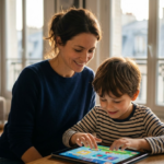 Une mère sourit en voyant son enfant absorbé par une application de soutien scolaire ludique et éducative sur sa tablette