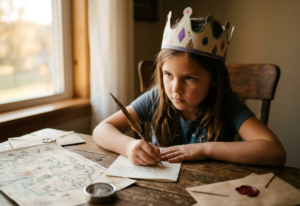 Une jeune fille concentrée écrit une lettre de réponse pour son aventure Epopia, plongée dans un décor imaginaire de château médiéval