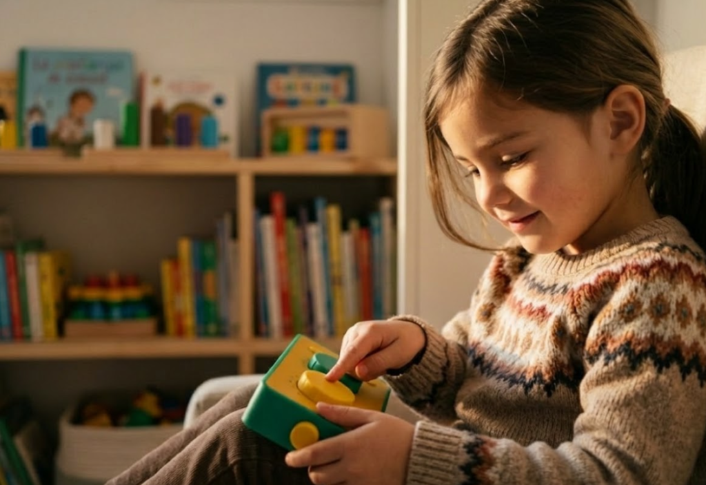 Une enfant captivée manipulant un jouet éducatif sonore narratif sans écran