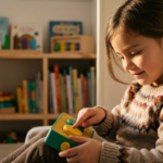 Une enfant captivée manipulant un jouet éducatif sonore narratif sans écran