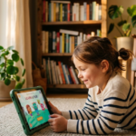 Enfant concentrée et souriante utilisant une application ludoéducative de haute qualité sur tablette dans un salon ensoleillé