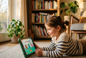 Enfant concentrée et souriante utilisant une application ludoéducative de haute qualité sur tablette dans un salon ensoleillé