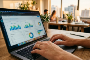 Stratège marketing analysant des données pour l'optimisation GEO des moteurs IA