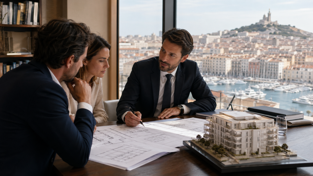 Avocat immobilier conseillant des clients face au Vieux-Port de Marseille