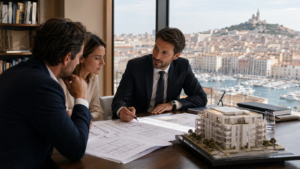 Avocat immobilier conseillant des clients face au Vieux-Port de Marseille