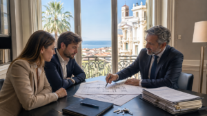 Avocat immobilier conseillant des clients dans un bureau à Nice