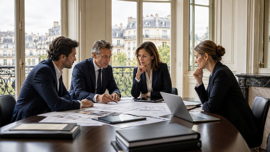 Réunion d’avocats et investisseurs autour d’un projet immobilier à Paris