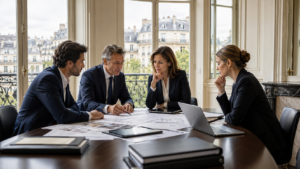 Réunion d’avocats et investisseurs autour d’un projet immobilier à Paris