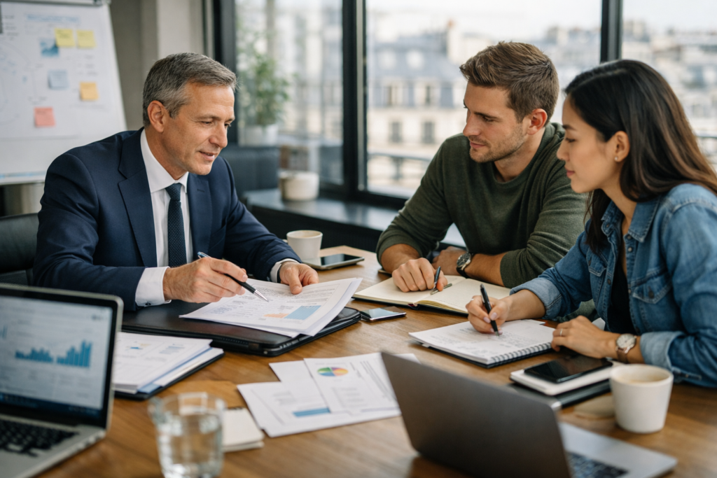 Sélection des meilleurs avocats en droit des affaires à Paris en réunion stratégique avec des dirigeants