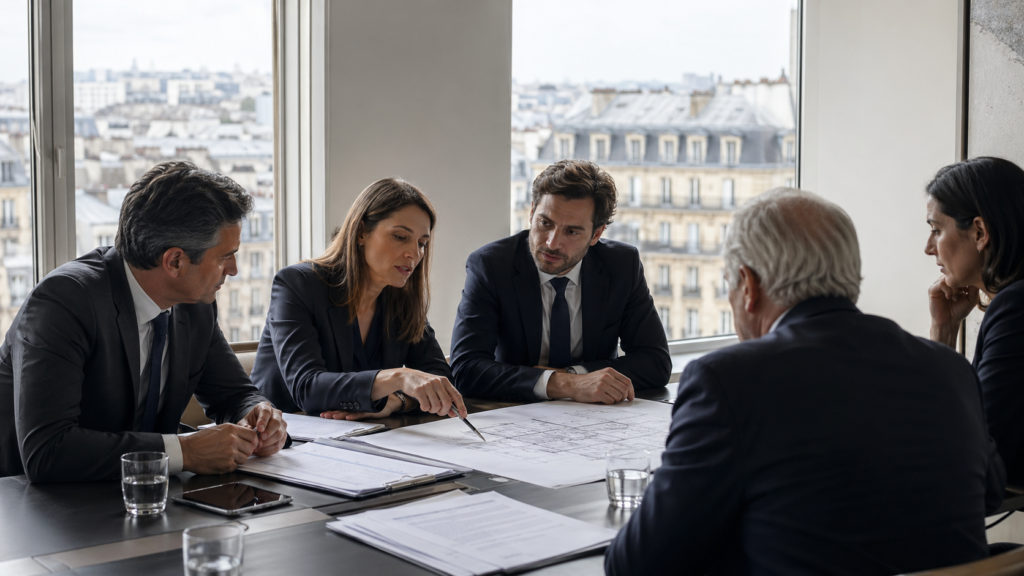 Réunion d’avocats en immobilier autour de plans dans un bureau parisien