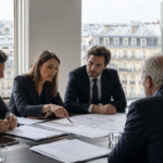 Réunion d’avocats en immobilier autour de plans dans un bureau parisien