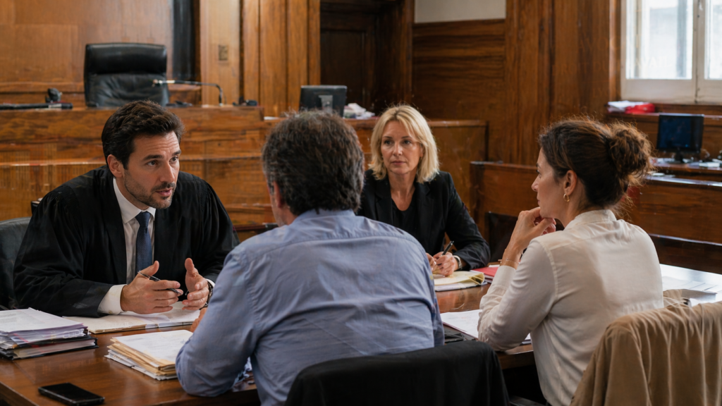 Réunion de conciliation au tribunal avec avocat et médiateurs autour d’une table